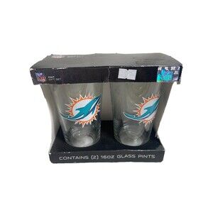 2 Miami Dolphins Football NFL 16oz glass cups Pint Set New in Box